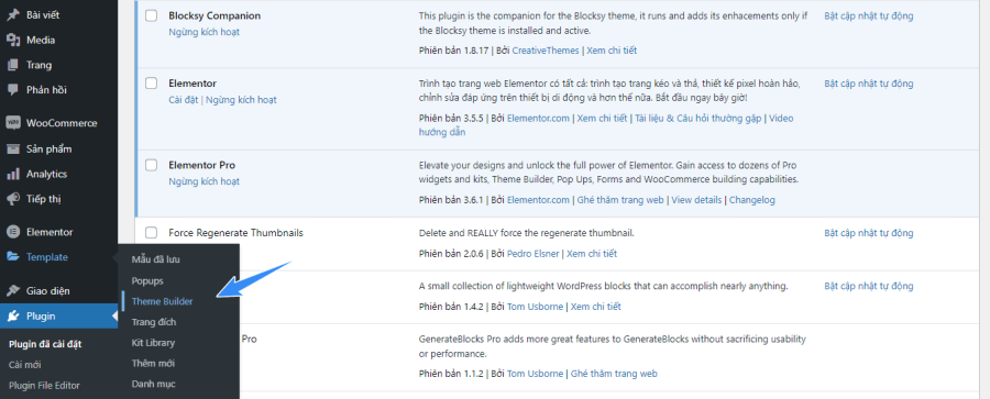 chọn template và chọn theme builder elementor pro