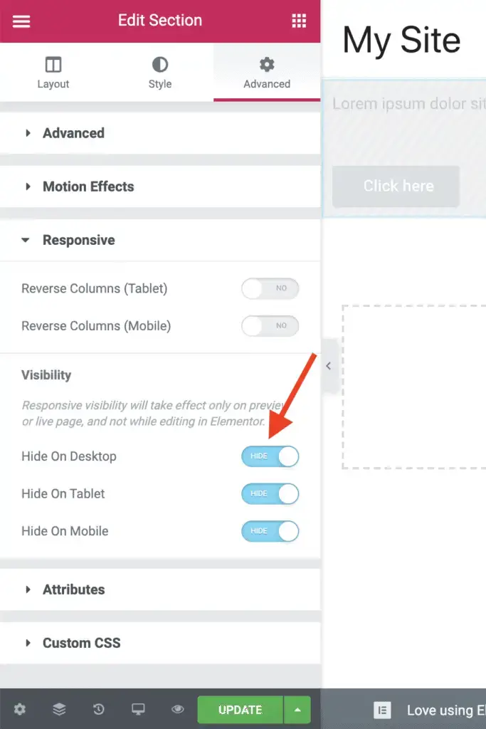 Hide Section settings