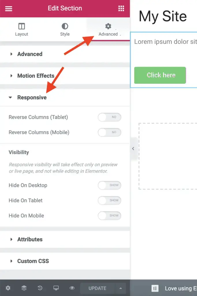 Section Responsive settings